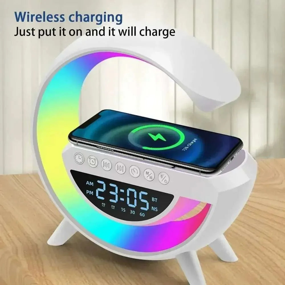 Google RGB Lamp & Bluetooth Speaker with FM Radio & USB & Wireless Charging Alarm Clock & Wake Up Light